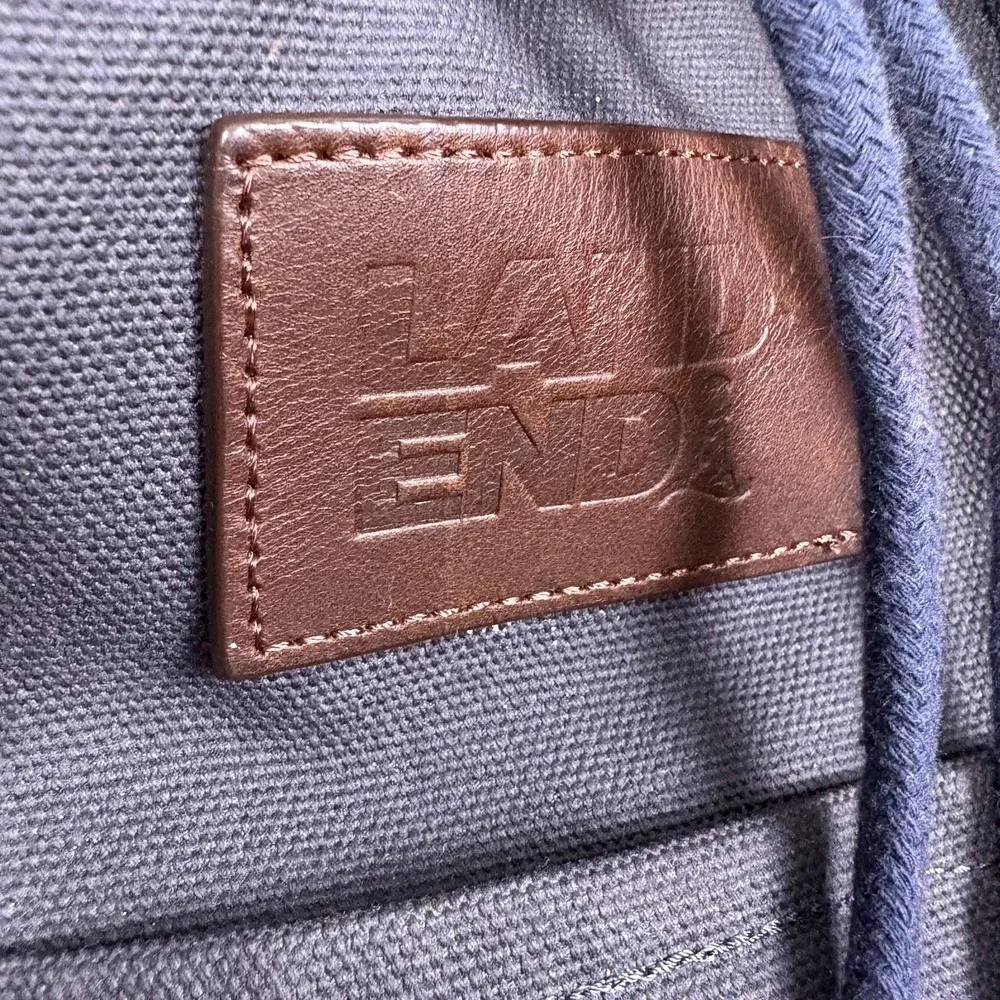 Lands End Waxed Canvas Backpack Navy Blue Leather Straps Padded Outdoors Daypack
